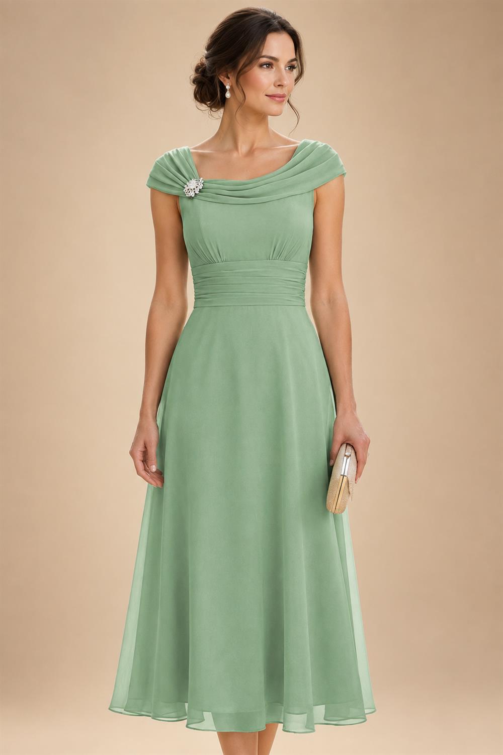 Lightweight Sheath Tea-Length Chiffon Mother of the Bride & Groom Dresses with Cowl Neck & Ruched Waist (SHI22500689)