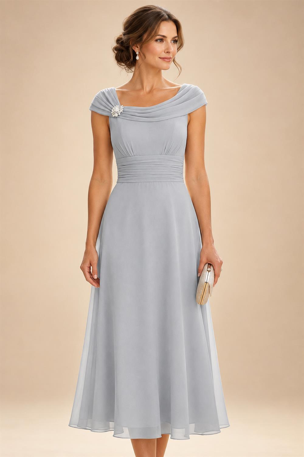 Lightweight Sheath Tea-Length Chiffon Mother of the Bride & Groom Dresses with Cowl Neck & Ruched Waist (SHI22500689)