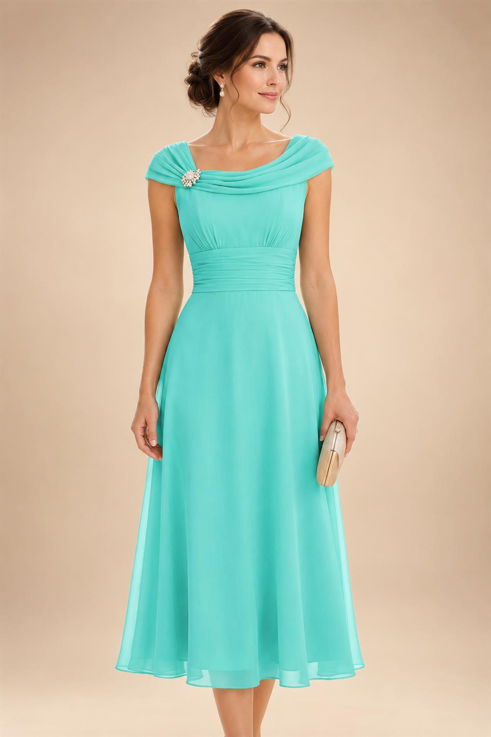 Lightweight Sheath Tea-Length Chiffon Mother of the Bride & Groom Dresses with Cowl Neck & Ruched Waist (SHI22500689)