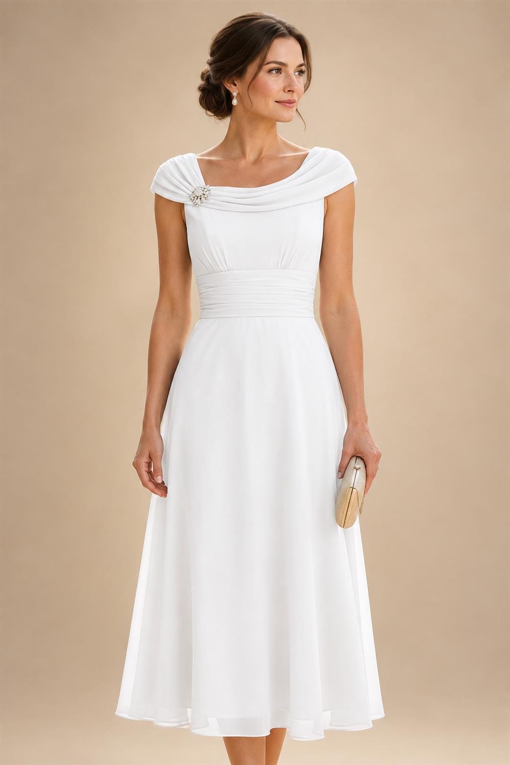 Lightweight Sheath Tea-Length Chiffon Mother of the Bride & Groom Dresses with Cowl Neck & Ruched Waist (SHI22500689)