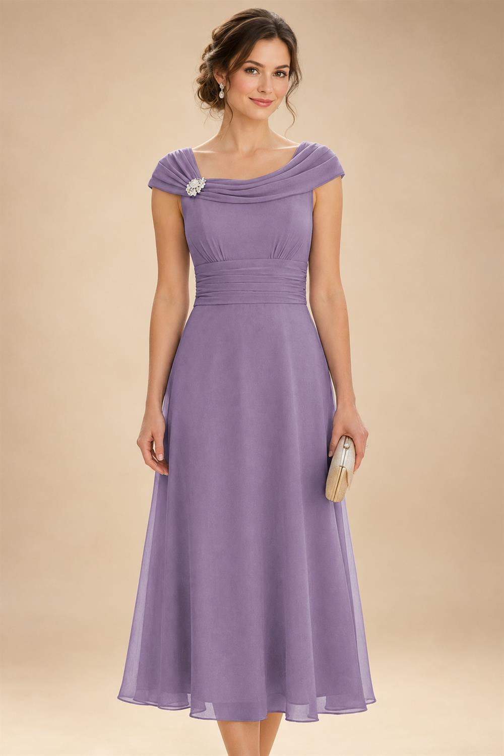 Lightweight Sheath Tea-Length Chiffon Mother of the Bride & Groom Dresses with Cowl Neck & Ruched Waist (SHI22500689)