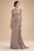 A Line/Princess Stand Collar Short Sleeve Long Elegant Mother of the Bride Dresses (SHI22500207)