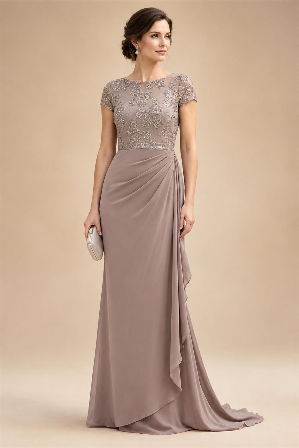 A Line/Princess Stand Collar Short Sleeve Long Elegant Mother of the Bride Dresses (SHI22500207)