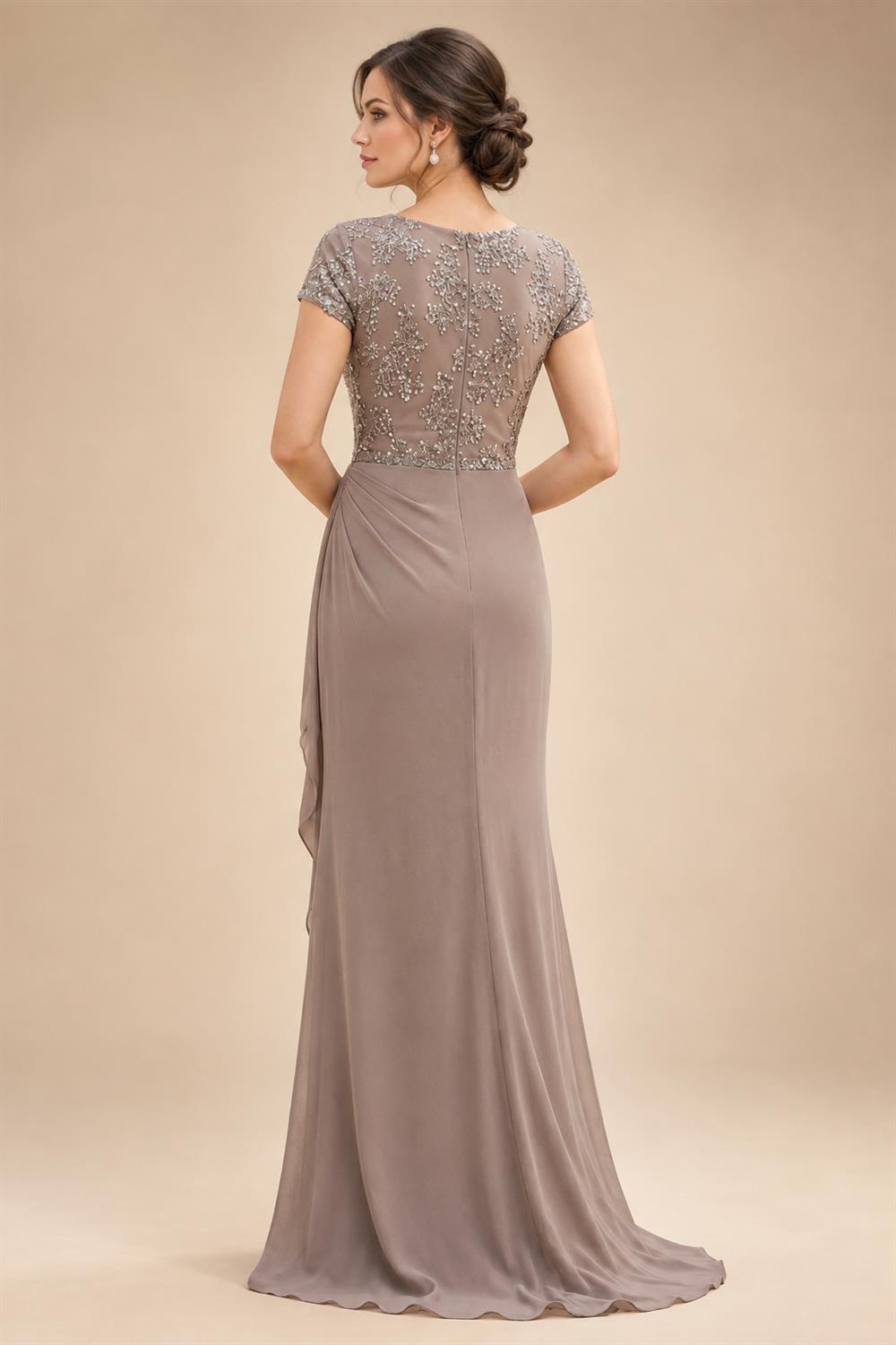 A Line/Princess Stand Collar Short Sleeve Long Elegant Mother of the Bride Dresses (SHI22500207)
