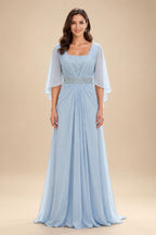 A-Line/Princess Scoop Neck Chiffon Maxi Mother of the Bride & Groom Dresses with Lace Appliques & Pleats (SHI22501638)