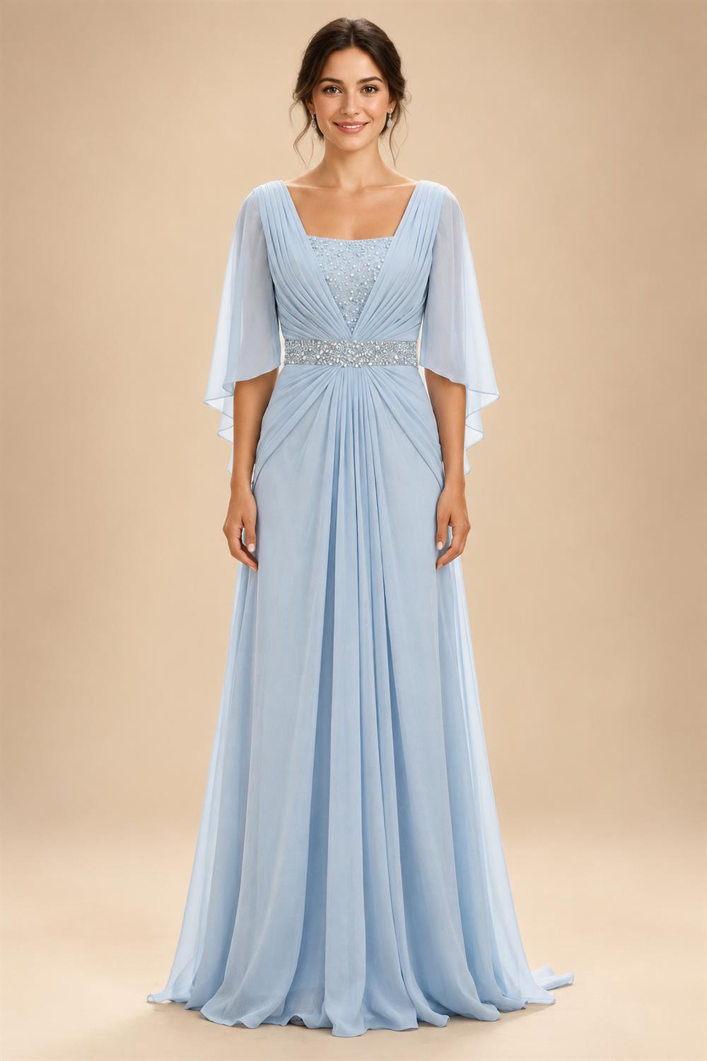 A-Line/Princess Scoop Neck Satin Maxi Mother of the Bride & Groom Dresses with Sweep Train, Ruched Waist & Rhinestones (SHI22501654)