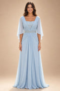 A-Line Chiffon Pleated Long Mother of the Bride & Groom Dresses with 3/4 Flutter Sleeves & Sequin Waist (SHI22500702)
