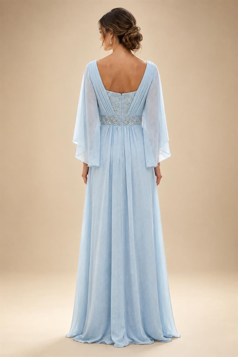 A-Line Chiffon Pleated Long Mother of the Bride & Groom Dresses with 3/4 Flutter Sleeves & Sequin Waist (SHI22500702)