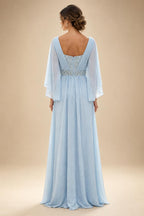 A-Line Chiffon Pleated Long Mother of the Bride & Groom Dresses with 3/4 Flutter Sleeves & Sequin Waist (SHI22500702)