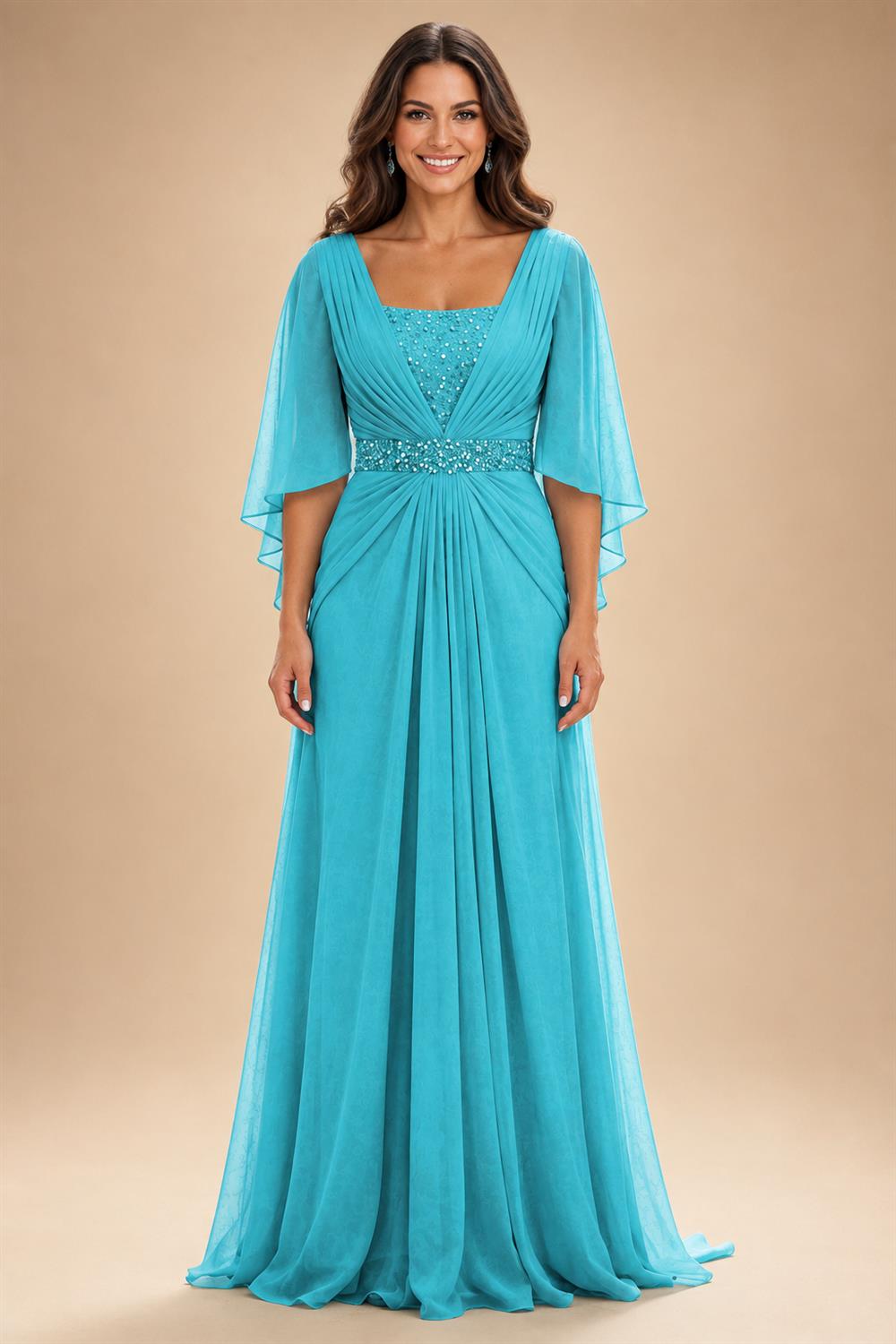 A-Line Chiffon Pleated Long Mother of the Bride & Groom Dresses with 3/4 Flutter Sleeves & Sequin Waist (SHI22500702)