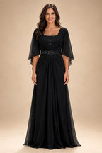 A-Line Chiffon Pleated Long Mother of the Bride & Groom Dresses with 3/4 Flutter Sleeves & Sequin Waist (SHI22500702)