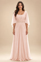 A-Line Chiffon Pleated Long Mother of the Bride & Groom Dresses with 3/4 Flutter Sleeves & Sequin Waist (SHI22500702)