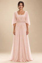A-Line Chiffon Pleated Long Mother of the Bride & Groom Dresses with 3/4 Flutter Sleeves & Sequin Waist (SHI22500702)