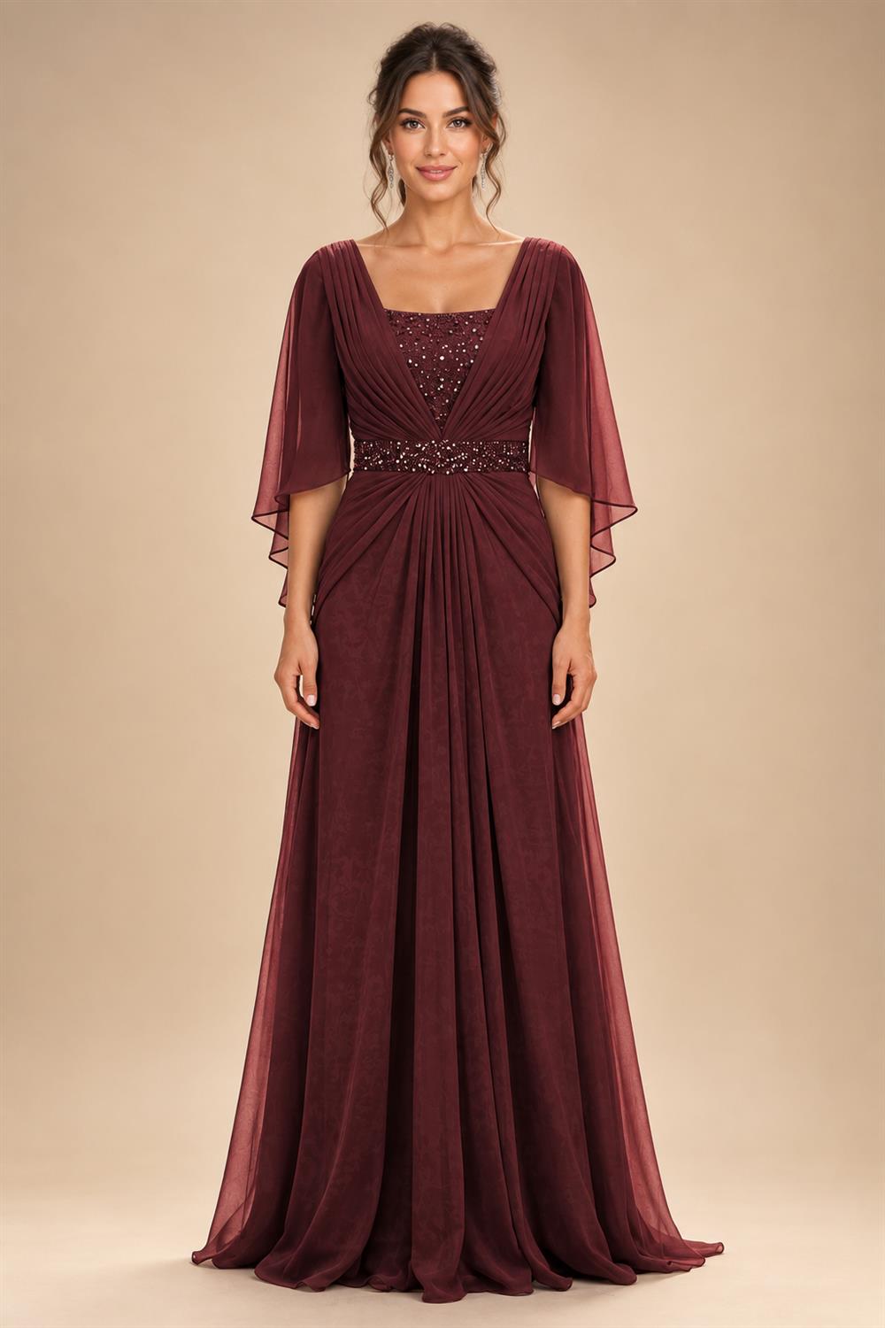 A-Line Chiffon Pleated Long Mother of the Bride & Groom Dresses with 3/4 Flutter Sleeves & Sequin Waist (SHI22500702)