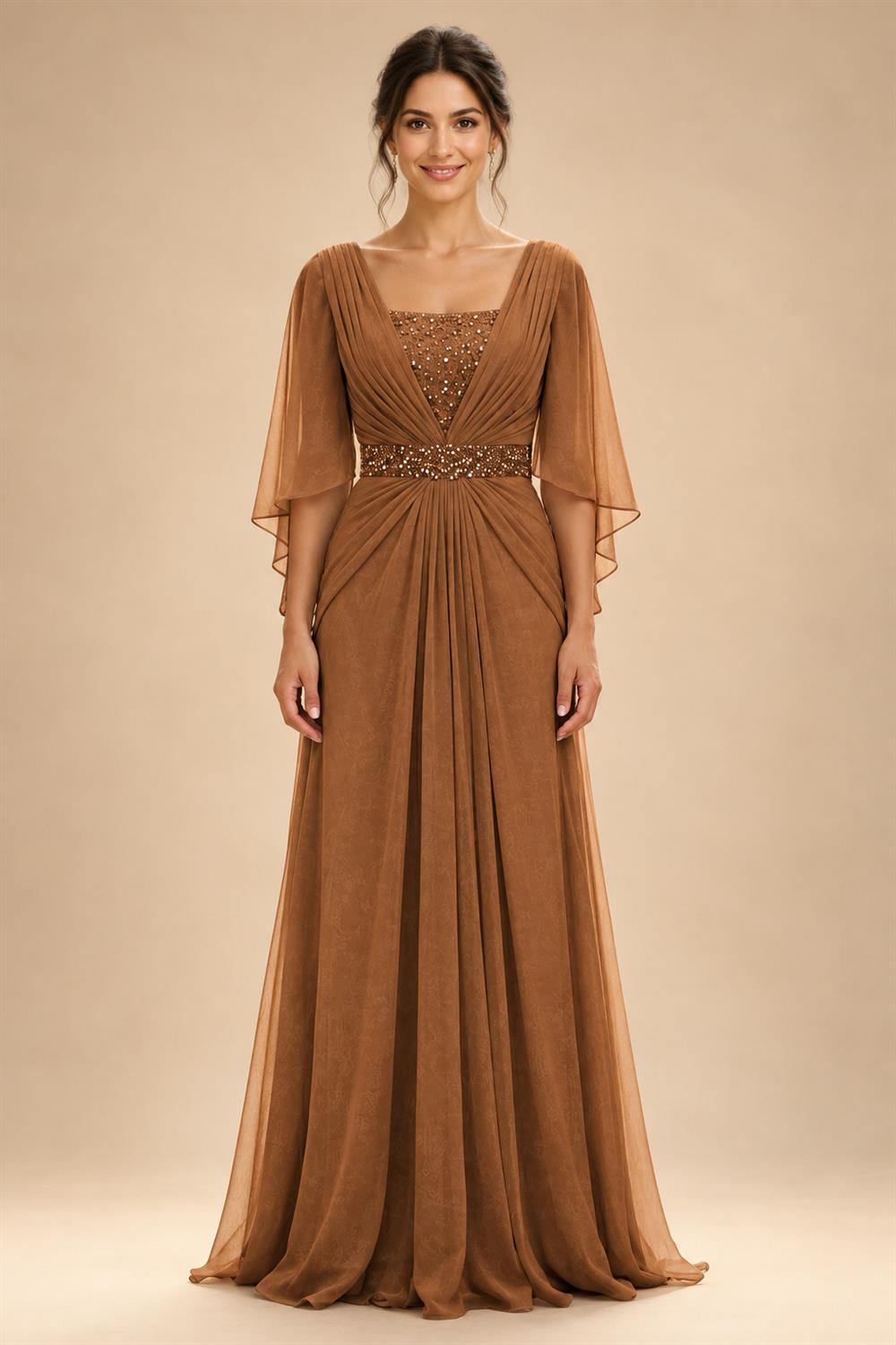A-Line Chiffon Pleated Long Mother of the Bride & Groom Dresses with 3/4 Flutter Sleeves & Sequin Waist (SHI22500702)