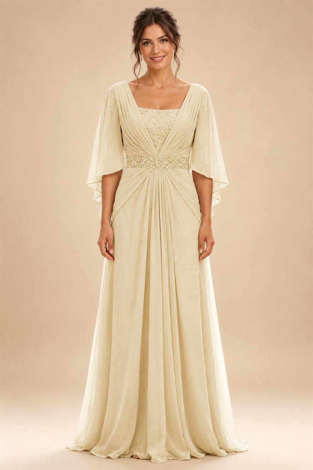 A-Line Chiffon Pleated Long Mother of the Bride & Groom Dresses with 3/4 Flutter Sleeves & Sequin Waist (SHI22500702)