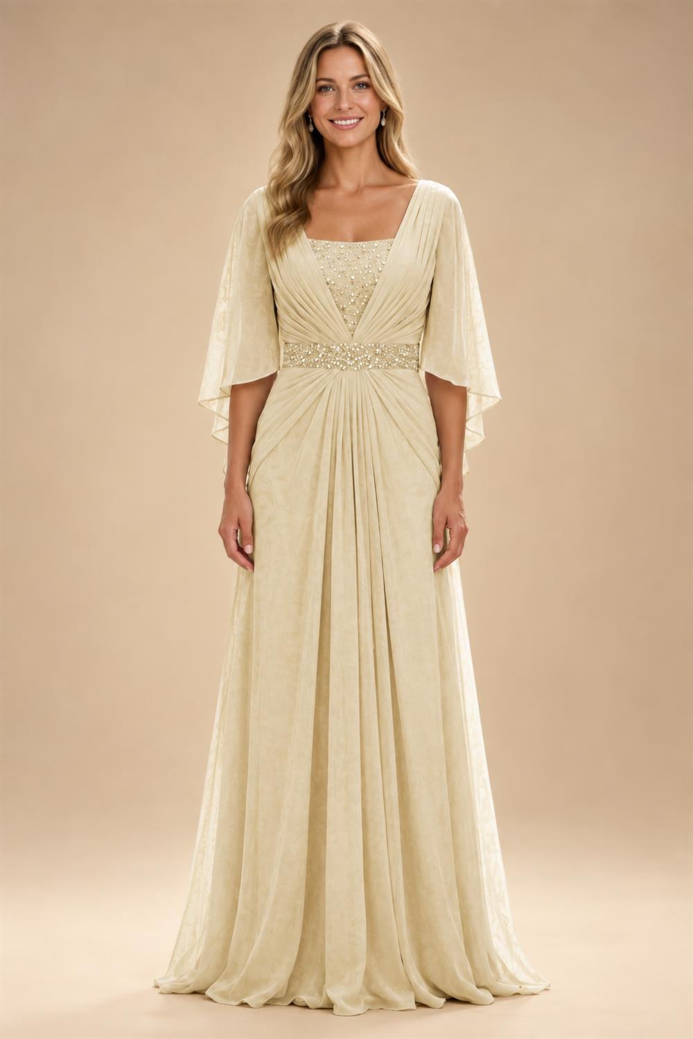 A-Line Chiffon Pleated Long Mother of the Bride & Groom Dresses with 3/4 Flutter Sleeves & Sequin Waist (SHI22500702)