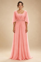 A-Line Chiffon Pleated Long Mother of the Bride & Groom Dresses with 3/4 Flutter Sleeves & Sequin Waist (SHI22500702)