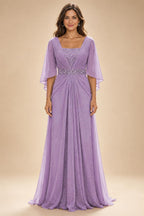 A-Line Chiffon Pleated Long Mother of the Bride & Groom Dresses with 3/4 Flutter Sleeves & Sequin Waist (SHI22500702)