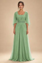 A-Line Chiffon Pleated Long Mother of the Bride & Groom Dresses with 3/4 Flutter Sleeves & Sequin Waist (SHI22500702)