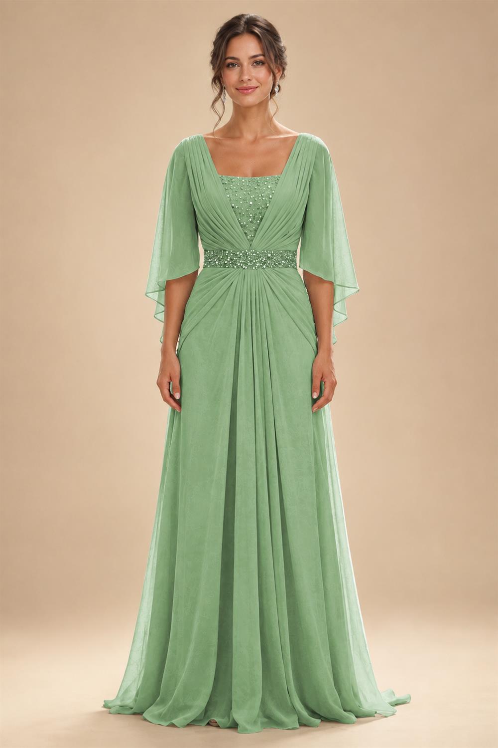 A-Line Chiffon Pleated Long Mother of the Bride & Groom Dresses with 3/4 Flutter Sleeves & Sequin Waist (SHI22500702)