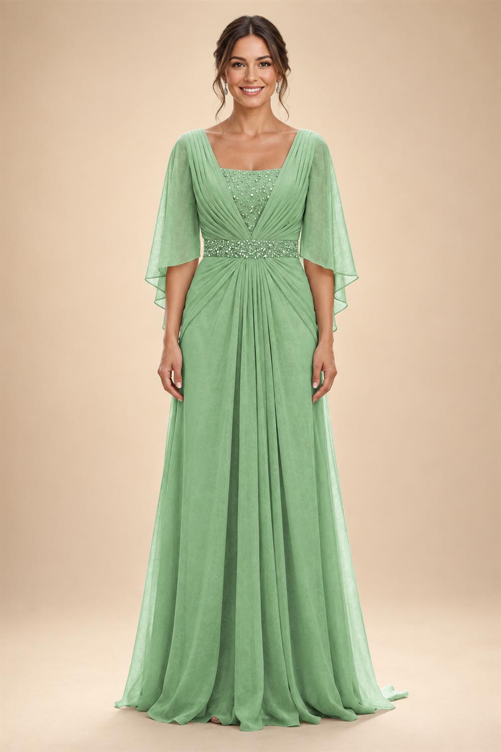 A-Line Chiffon Pleated Long Mother of the Bride & Groom Dresses with 3/4 Flutter Sleeves & Sequin Waist (SHI22500702)