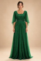 A-Line Chiffon Pleated Long Mother of the Bride & Groom Dresses with 3/4 Flutter Sleeves & Sequin Waist (SHI22500702)