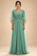 A-Line Chiffon Pleated Long Mother of the Bride & Groom Dresses with 3/4 Flutter Sleeves & Sequin Waist (SHI22500702)