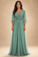 A-Line Chiffon Pleated Long Mother of the Bride & Groom Dresses with 3/4 Flutter Sleeves & Sequin Waist (SHI22500702)