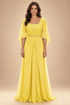 A-Line Chiffon Pleated Long Mother of the Bride & Groom Dresses with 3/4 Flutter Sleeves & Sequin Waist (SHI22500702)