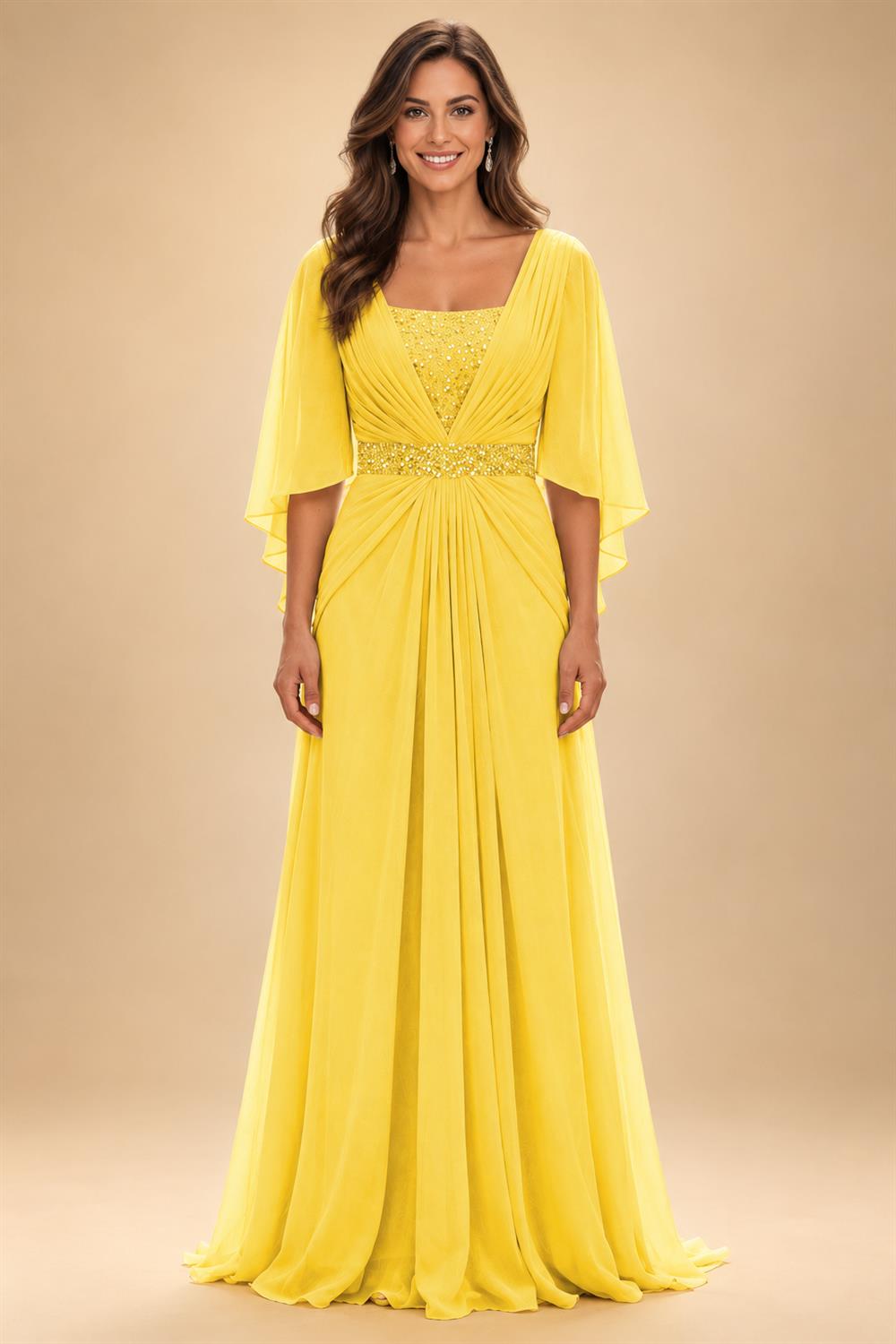 A-Line Chiffon Pleated Long Mother of the Bride & Groom Dresses with 3/4 Flutter Sleeves & Sequin Waist (SHI22500702)