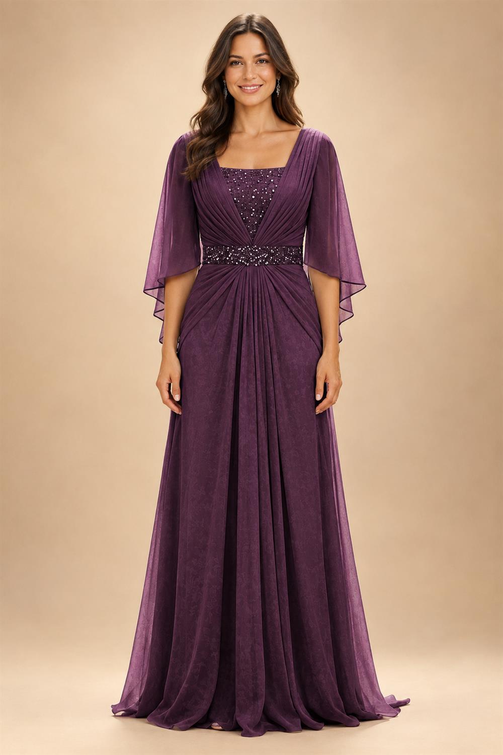 A-Line Chiffon Pleated Long Mother of the Bride & Groom Dresses with 3/4 Flutter Sleeves & Sequin Waist (SHI22500702)
