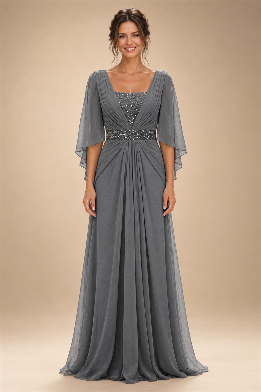 A-Line Chiffon Pleated Long Mother of the Bride & Groom Dresses with 3/4 Flutter Sleeves & Sequin Waist (SHI22500702)