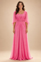 A-Line Chiffon Pleated Long Mother of the Bride & Groom Dresses with 3/4 Flutter Sleeves & Sequin Waist (SHI22500702)