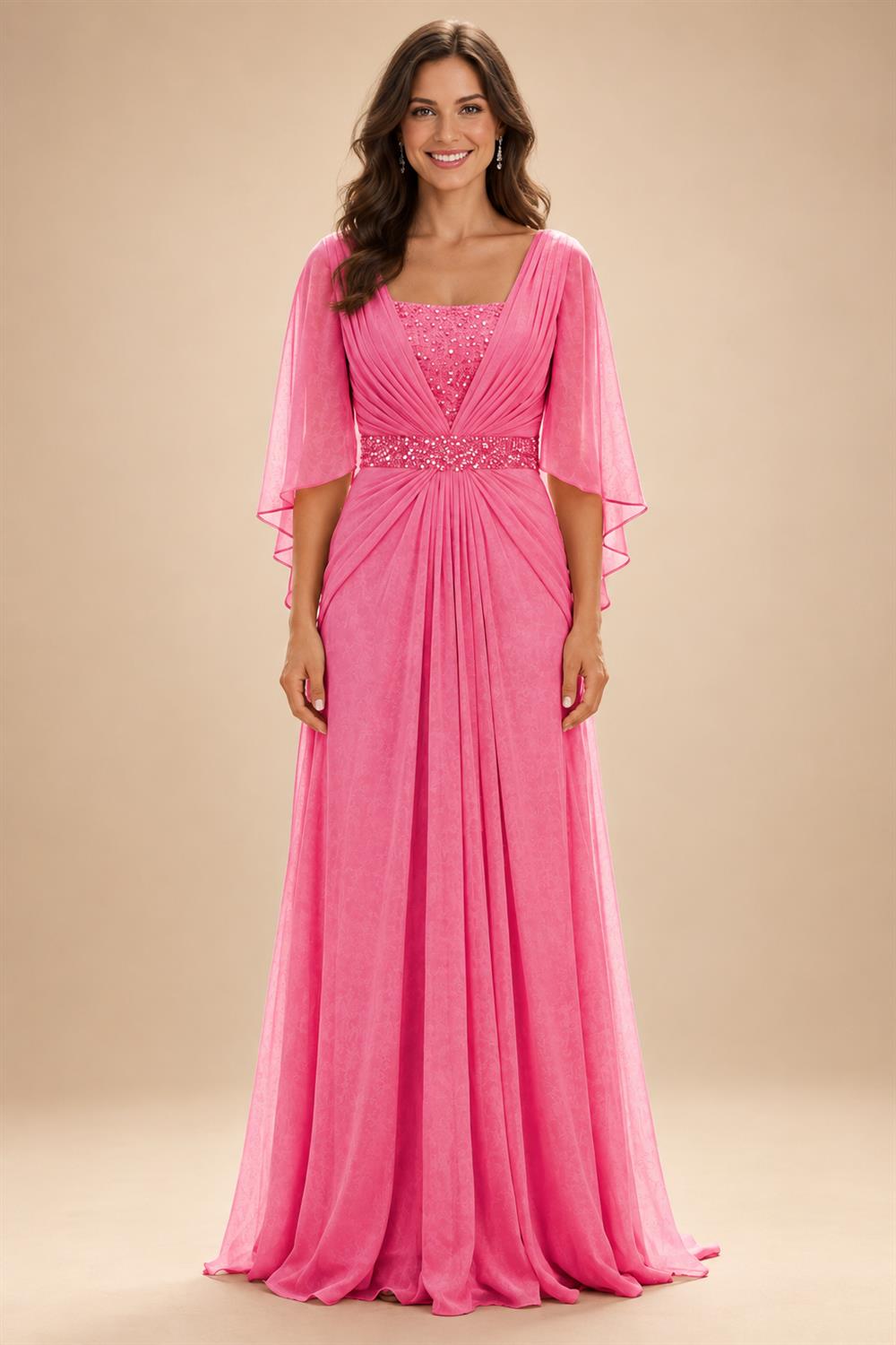A-Line Chiffon Pleated Long Mother of the Bride & Groom Dresses with 3/4 Flutter Sleeves & Sequin Waist (SHI22500702)