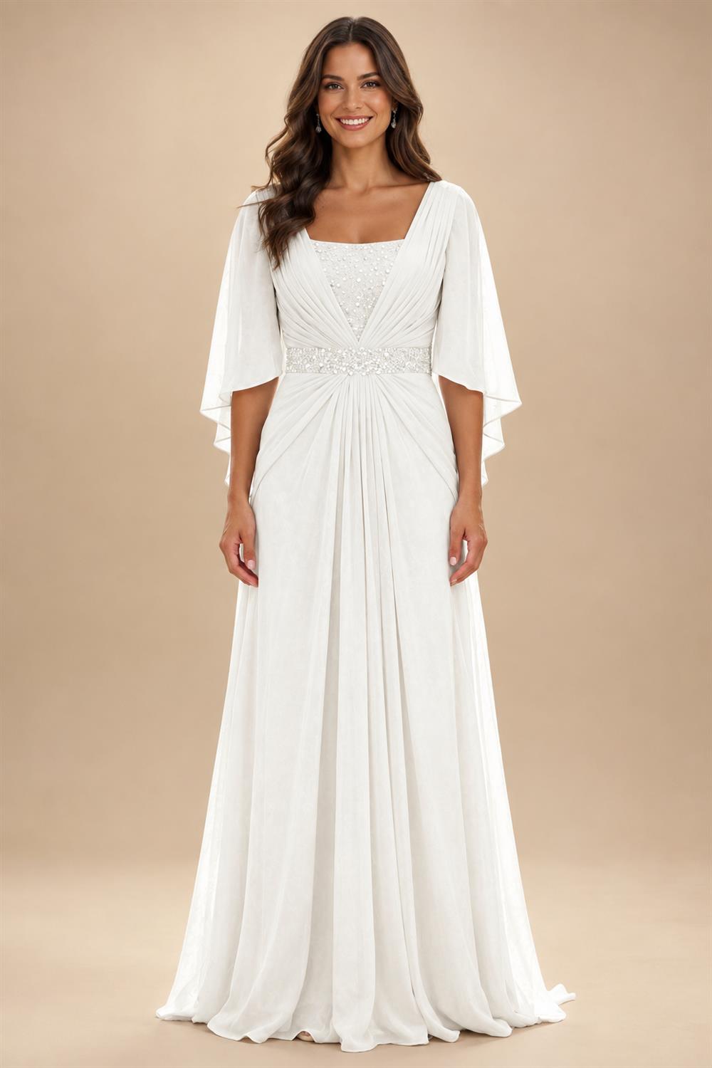 A-Line Chiffon Pleated Long Mother of the Bride & Groom Dresses with 3/4 Flutter Sleeves & Sequin Waist (SHI22500702)