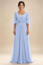 A-Line Chiffon Pleated Long Mother of the Bride & Groom Dresses with 3/4 Flutter Sleeves & Sequin Waist (SHI22500702)