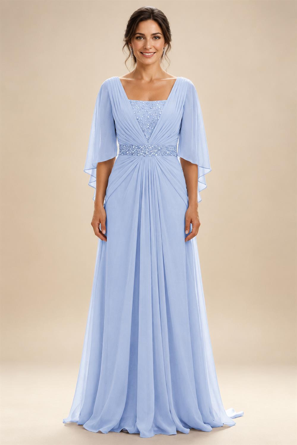 A-Line Chiffon Pleated Long Mother of the Bride & Groom Dresses with 3/4 Flutter Sleeves & Sequin Waist (SHI22500702)