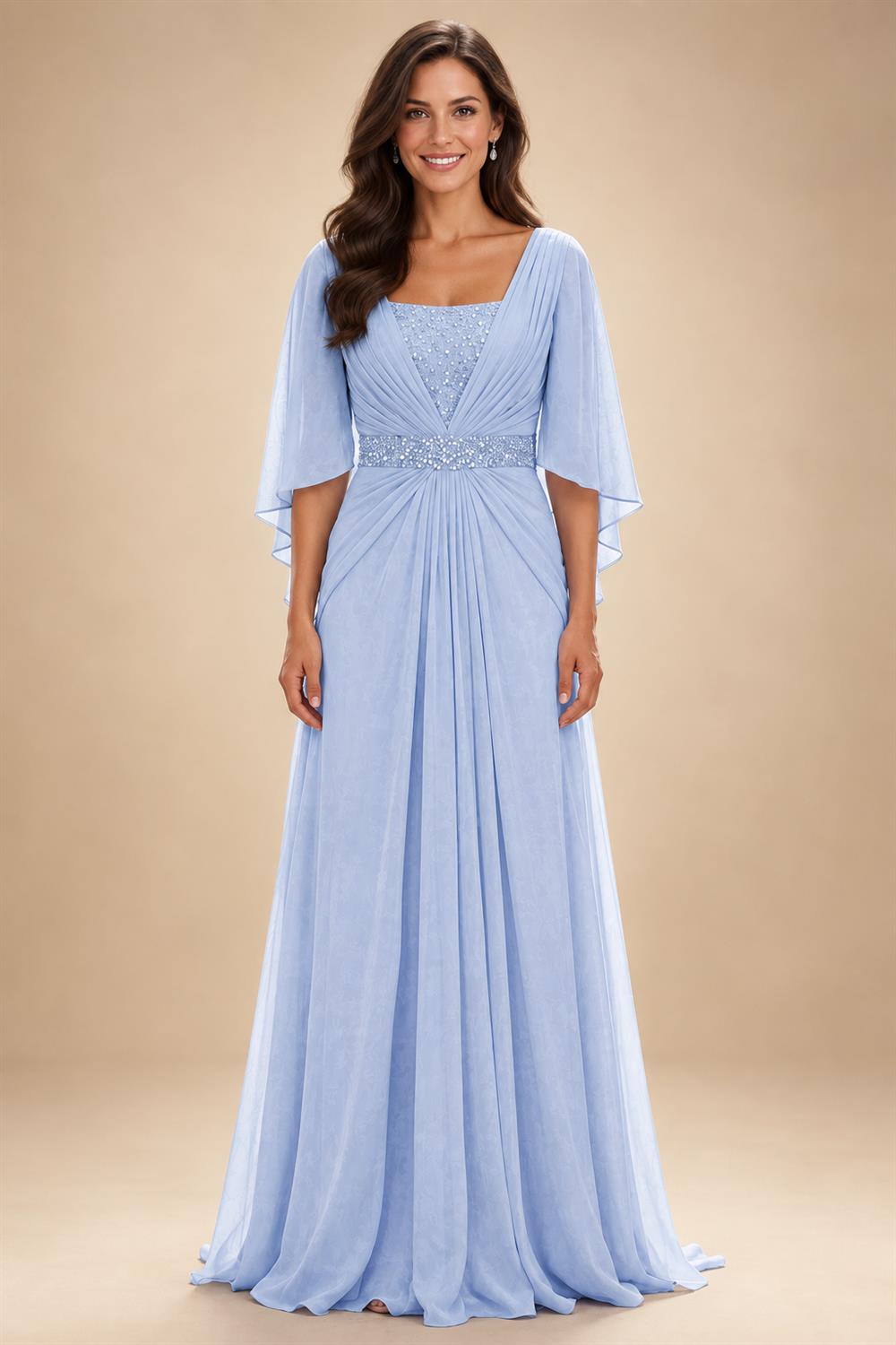 A-Line Chiffon Pleated Long Mother of the Bride & Groom Dresses with 3/4 Flutter Sleeves & Sequin Waist (SHI22500702)