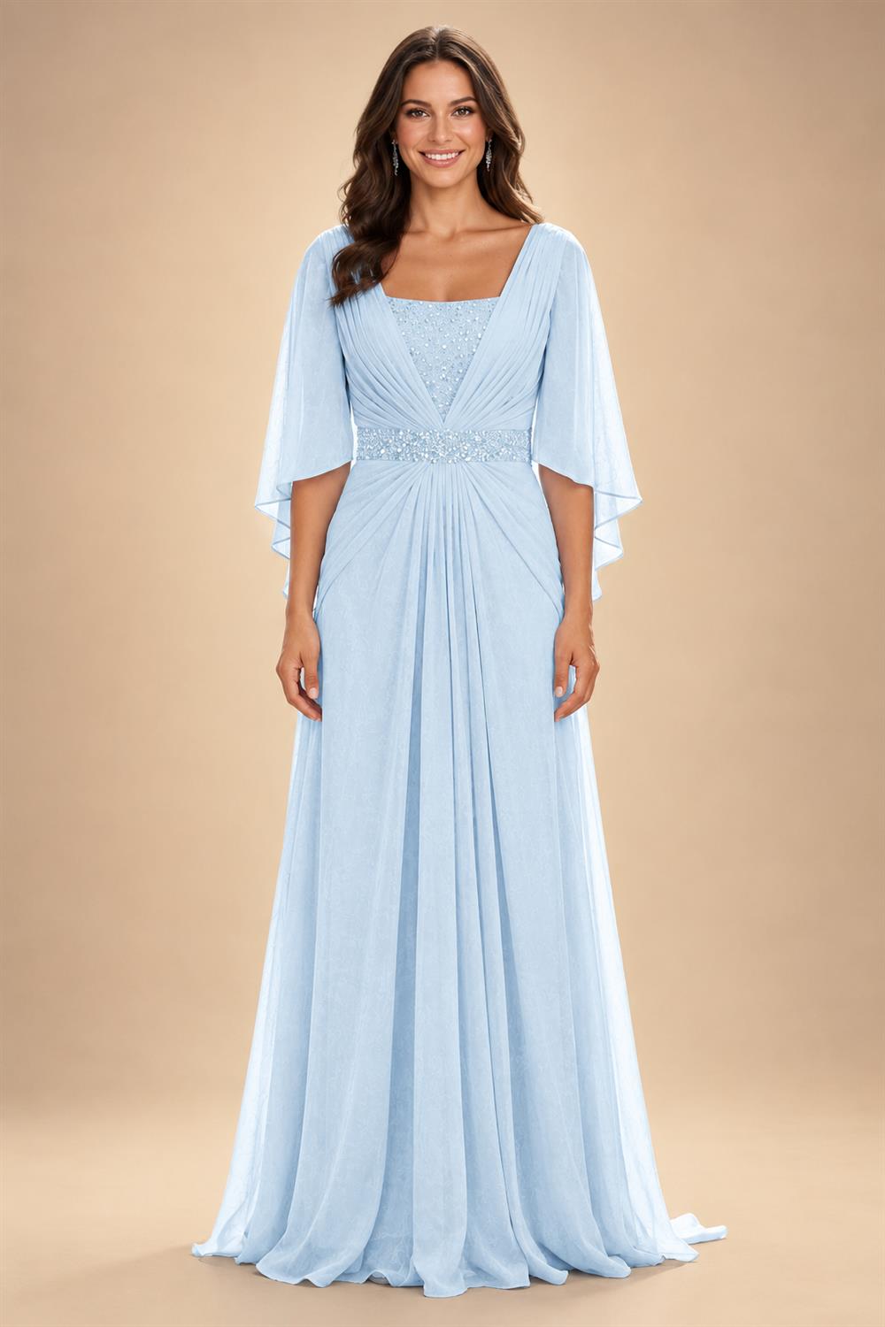 A-Line Chiffon Pleated Long Mother of the Bride & Groom Dresses with 3/4 Flutter Sleeves & Sequin Waist (SHI22500702)