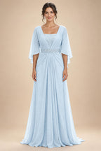 A-Line Chiffon Pleated Long Mother of the Bride & Groom Dresses with 3/4 Flutter Sleeves & Sequin Waist (SHI22500702)