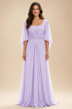 A-Line Chiffon Pleated Long Mother of the Bride & Groom Dresses with 3/4 Flutter Sleeves & Sequin Waist (SHI22500702)