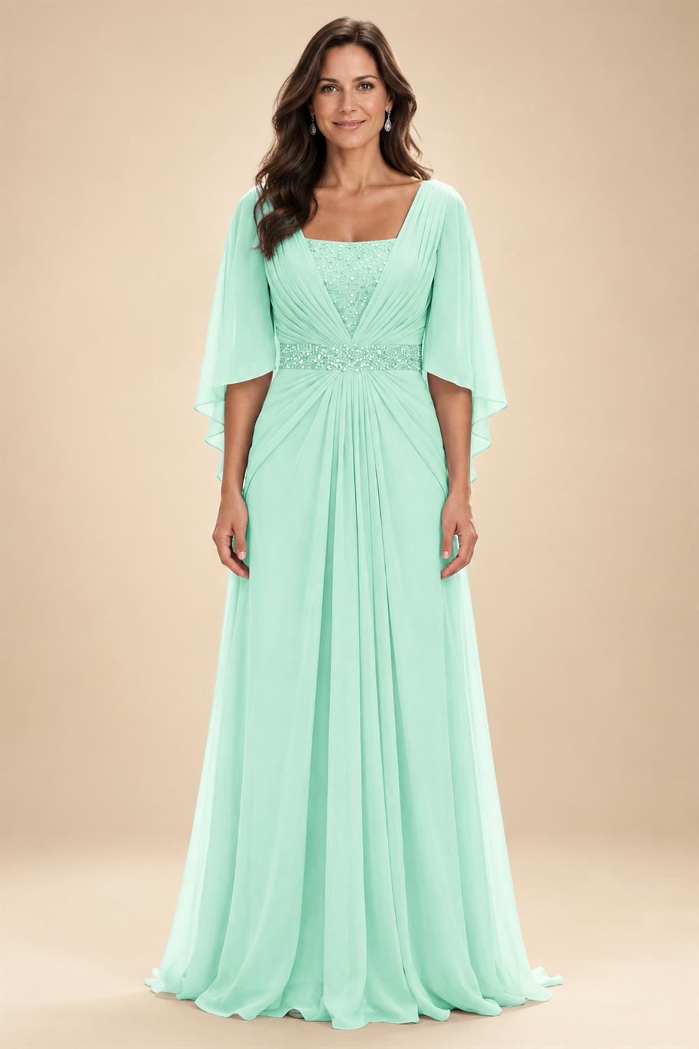 A-Line Chiffon Pleated Long Mother of the Bride & Groom Dresses with 3/4 Flutter Sleeves & Sequin Waist (SHI22500702)