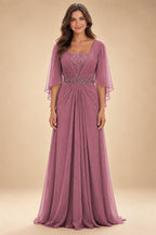 A-Line Chiffon Pleated Long Mother of the Bride & Groom Dresses with 3/4 Flutter Sleeves & Sequin Waist (SHI22500702)