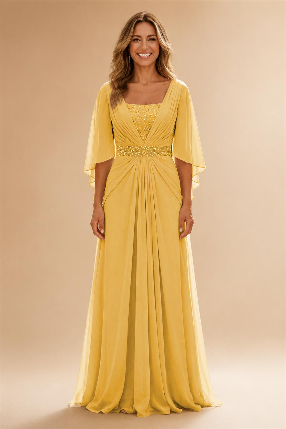 A-Line Chiffon Pleated Long Mother of the Bride & Groom Dresses with 3/4 Flutter Sleeves & Sequin Waist (SHI22500702)