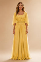 A-Line Chiffon Pleated Long Mother of the Bride & Groom Dresses with 3/4 Flutter Sleeves & Sequin Waist (SHI22500702)