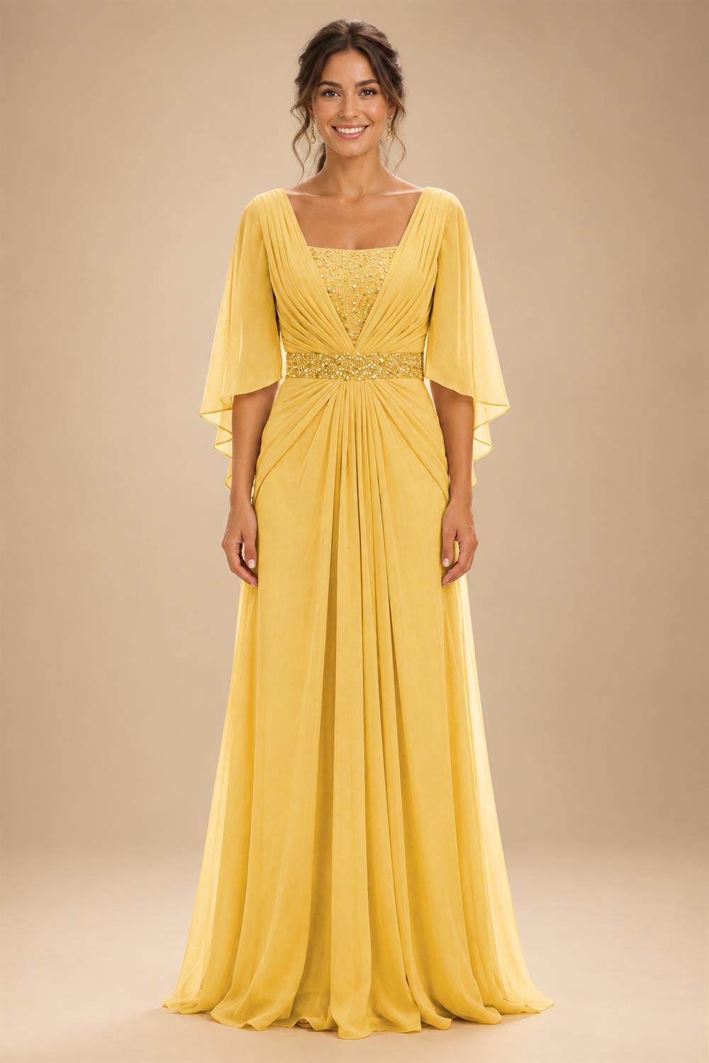 A-Line Chiffon Pleated Long Mother of the Bride & Groom Dresses with 3/4 Flutter Sleeves & Sequin Waist (SHI22500702)