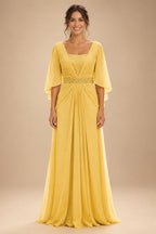 A-Line Chiffon Pleated Long Mother of the Bride & Groom Dresses with 3/4 Flutter Sleeves & Sequin Waist (SHI22500702)