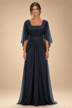 A-Line Chiffon Pleated Long Mother of the Bride & Groom Dresses with 3/4 Flutter Sleeves & Sequin Waist (SHI22500702)