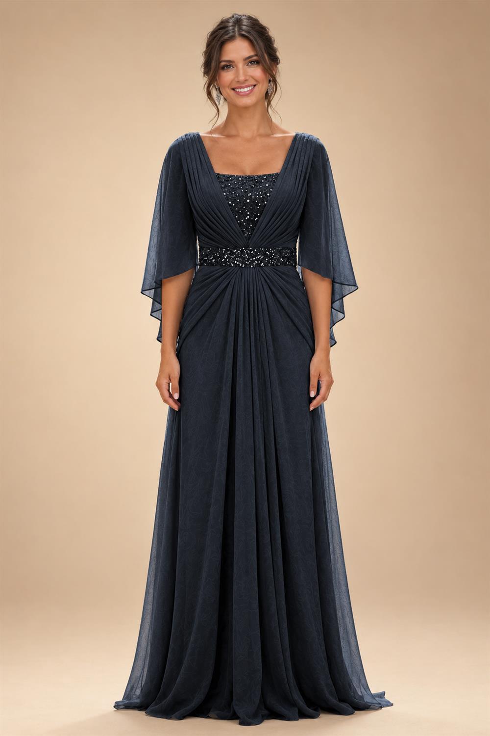 A-Line Chiffon Pleated Long Mother of the Bride & Groom Dresses with 3/4 Flutter Sleeves & Sequin Waist (SHI22500702)